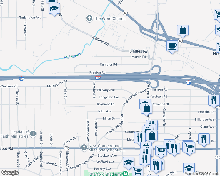 map of restaurants, bars, coffee shops, grocery stores, and more near 19501 Fairway Avenue in Maple Heights