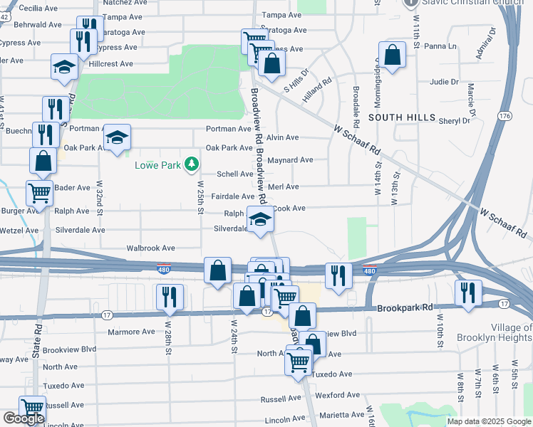 map of restaurants, bars, coffee shops, grocery stores, and more near Broadview Rd & Ralph Ave in Cleveland