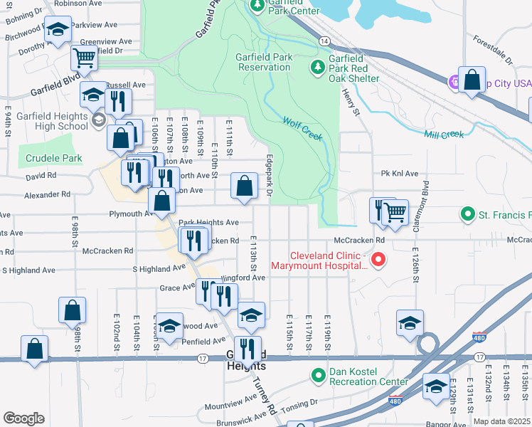 map of restaurants, bars, coffee shops, grocery stores, and more near 11404 Edgepark Drive in Garfield Heights