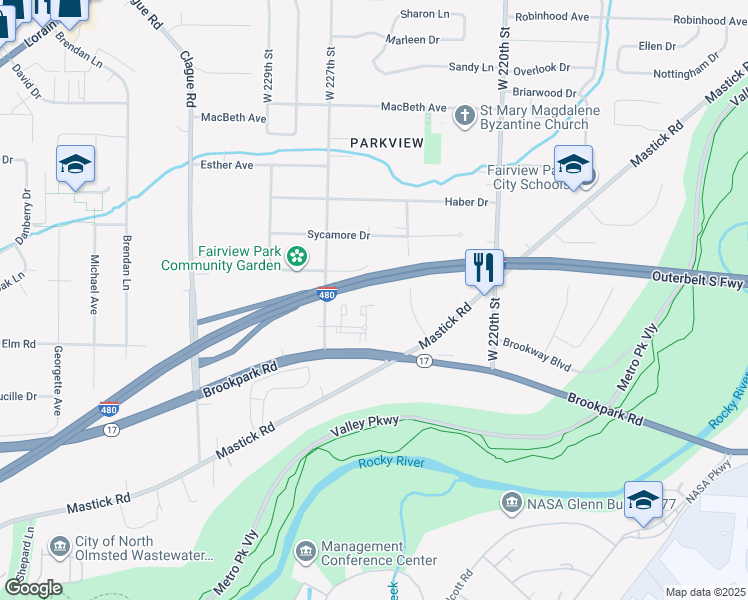 map of restaurants, bars, coffee shops, grocery stores, and more near 22582 Lenox Drive in Fairview Park