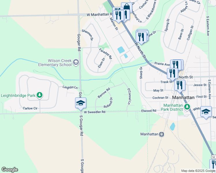 map of restaurants, bars, coffee shops, grocery stores, and more near 25500 Barrow Road in Manhattan