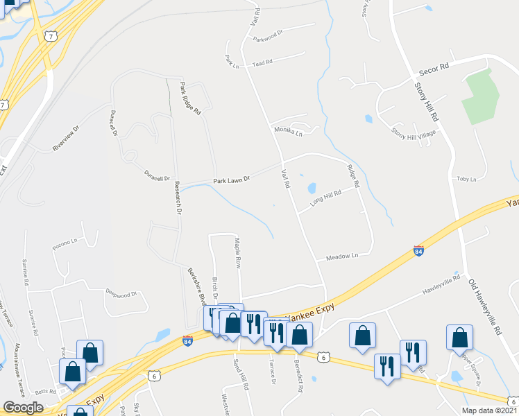 map of restaurants, bars, coffee shops, grocery stores, and more near 13 Park Lawn Drive in Bethel