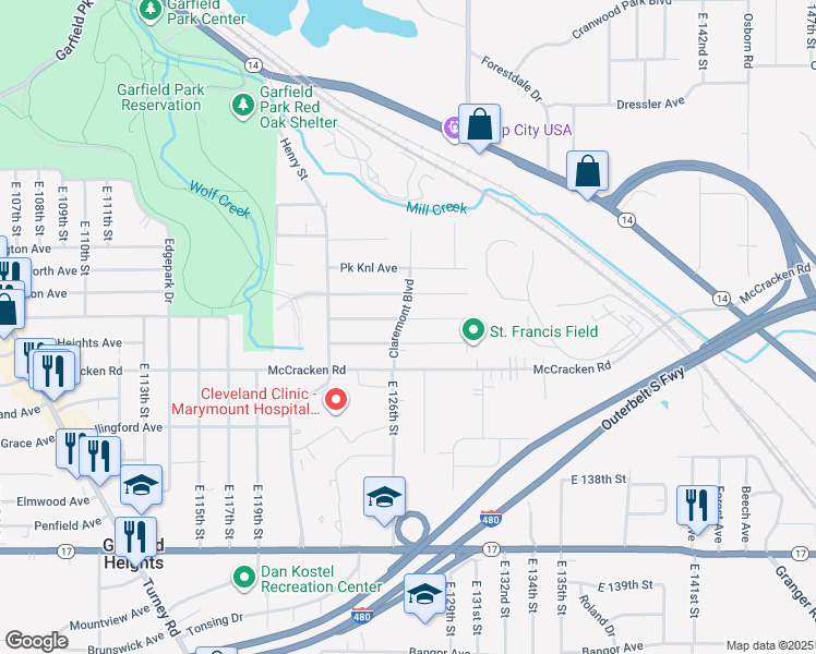 map of restaurants, bars, coffee shops, grocery stores, and more near 5015 Claremont Boulevard in Garfield Heights