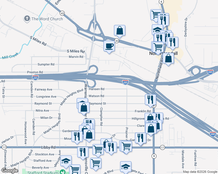 map of restaurants, bars, coffee shops, grocery stores, and more near 20805 Hansen Rd in Maple Heights