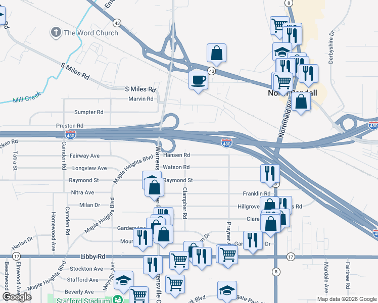 map of restaurants, bars, coffee shops, grocery stores, and more near 20805 Hansen Road in Maple Heights