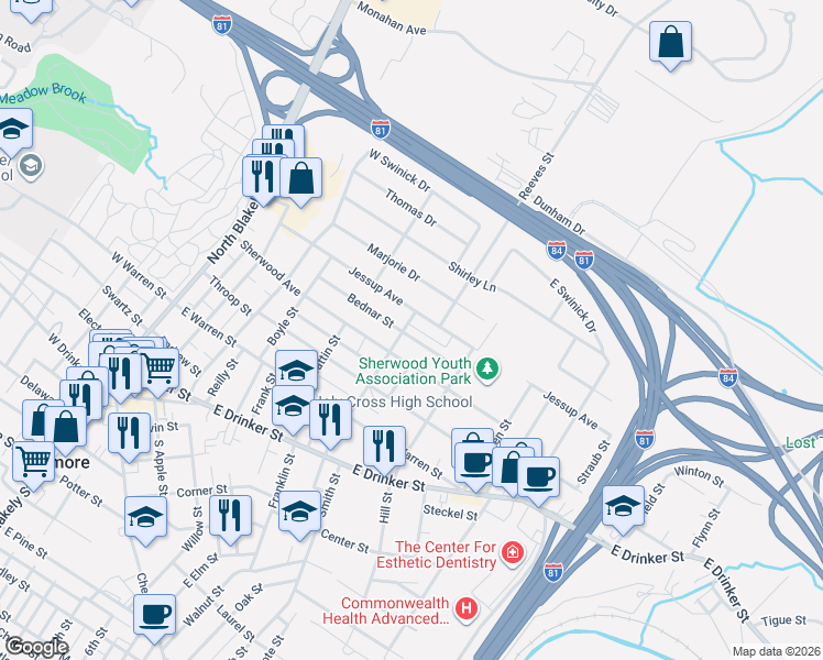 map of restaurants, bars, coffee shops, grocery stores, and more near 608 Jessup Avenue in Dunmore