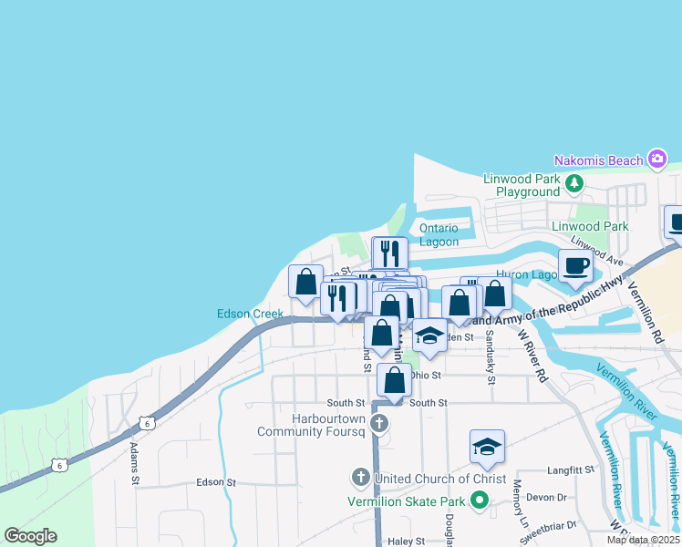 map of restaurants, bars, coffee shops, grocery stores, and more near 5679 Huron Street in Vermilion