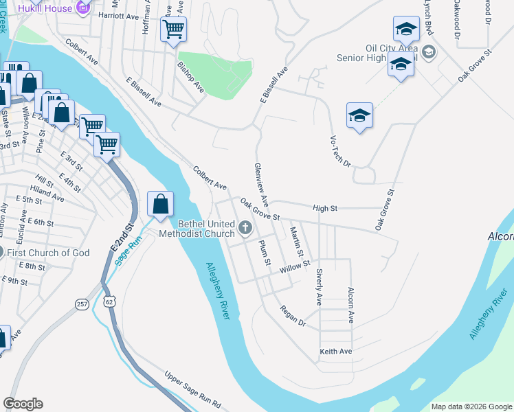 map of restaurants, bars, coffee shops, grocery stores, and more near 36 Glenview Ave in Oil City
