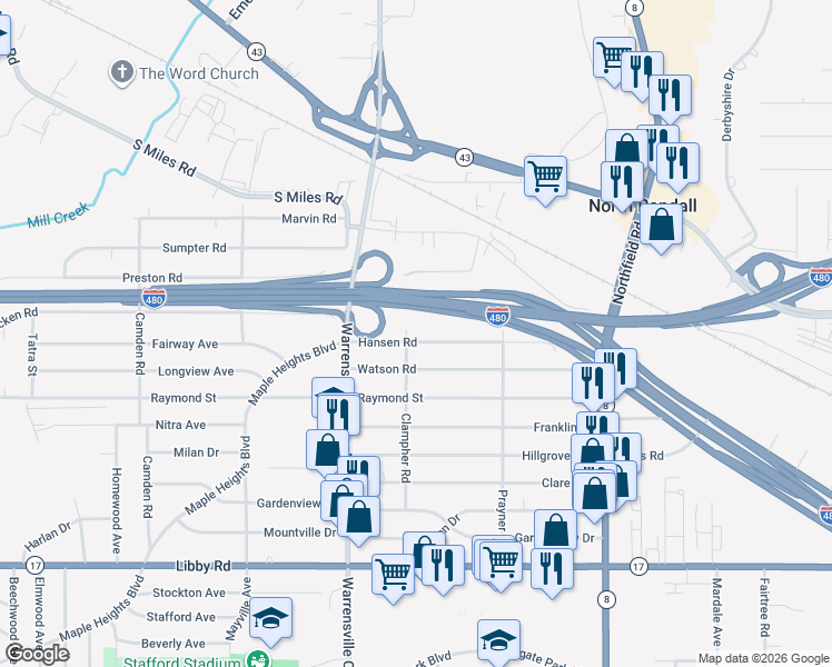 map of restaurants, bars, coffee shops, grocery stores, and more near 20805 Hansen Road in Maple Heights