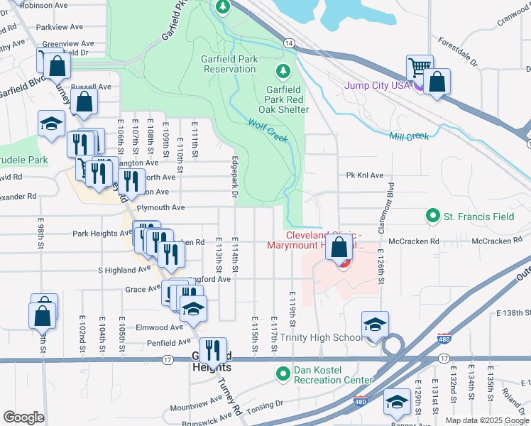 map of restaurants, bars, coffee shops, grocery stores, and more near 11112 Langton Avenue in Garfield Heights
