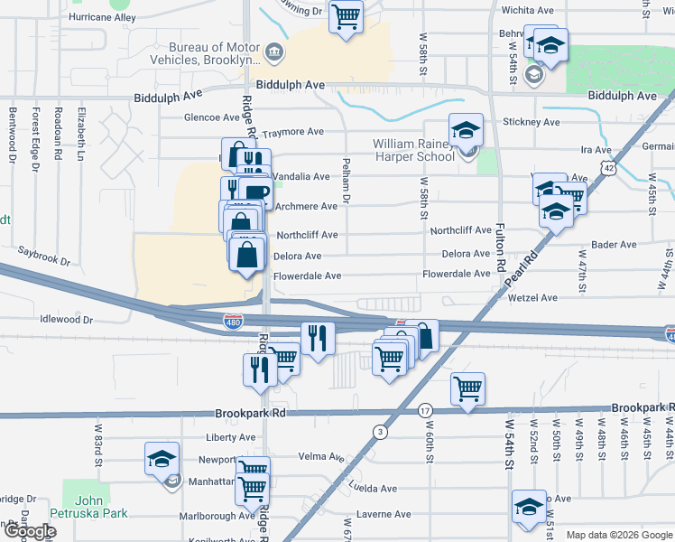 map of restaurants, bars, coffee shops, grocery stores, and more near 6125 Delora Avenue in Brooklyn