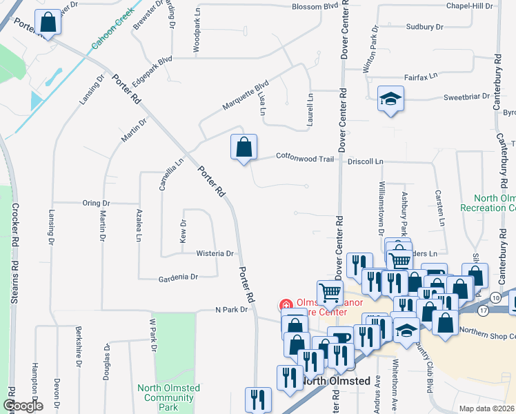 map of restaurants, bars, coffee shops, grocery stores, and more near 27645 Linwood Circle in North Olmsted