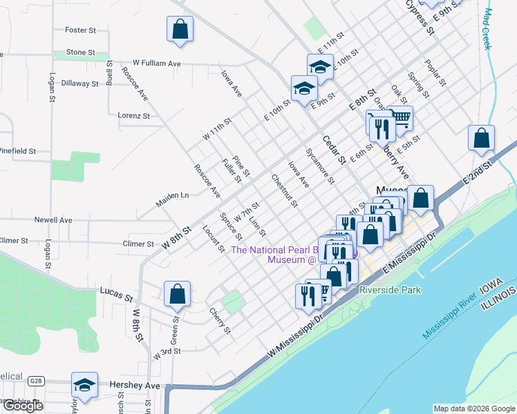 map of restaurants, bars, coffee shops, grocery stores, and more near 220 West 7th Street in Muscatine