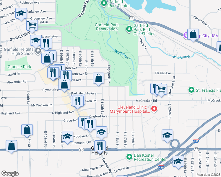 map of restaurants, bars, coffee shops, grocery stores, and more near 11404 Edgepark Drive in Garfield Heights