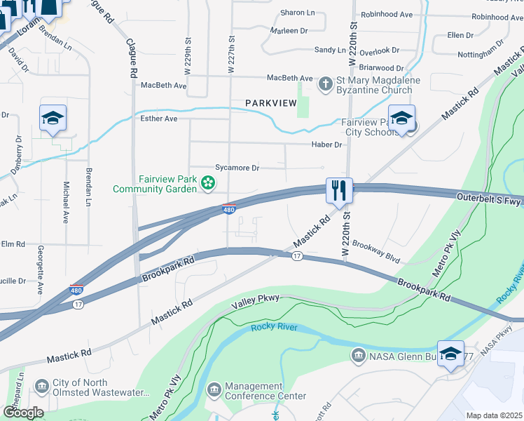 map of restaurants, bars, coffee shops, grocery stores, and more near 22582 Lenox Drive in Fairview Park