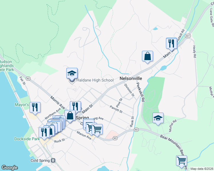 map of restaurants, bars, coffee shops, grocery stores, and more near 3 Crown Street in Cold Spring