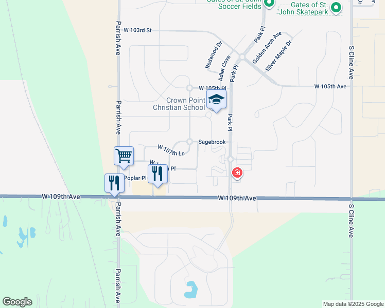 map of restaurants, bars, coffee shops, grocery stores, and more near 9101 West 107th Lane in Saint John