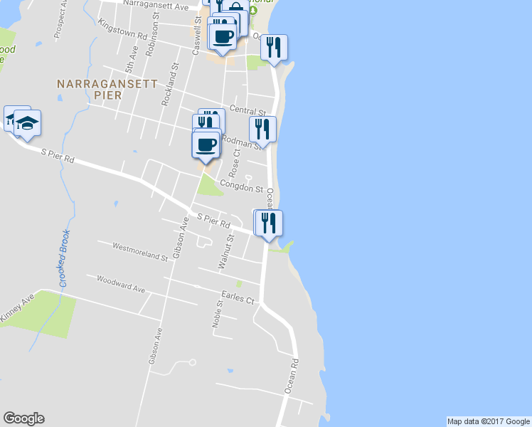 map of restaurants, bars, coffee shops, grocery stores, and more near 161 Ocean Road in Narragansett
