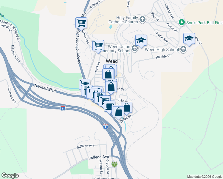 map of restaurants, bars, coffee shops, grocery stores, and more near 170-186 West Inez Street in Weed