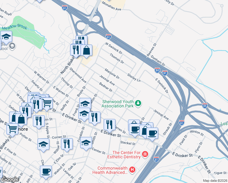 map of restaurants, bars, coffee shops, grocery stores, and more near 517 Bednar Street in Dunmore