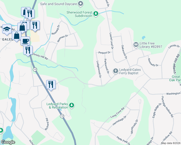 map of restaurants, bars, coffee shops, grocery stores, and more near 80 Christy Hill Road in Ledyard