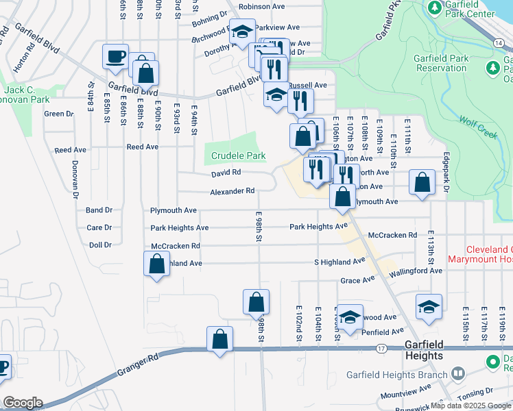 map of restaurants, bars, coffee shops, grocery stores, and more near 9727 Plymouth Avenue in Garfield Heights