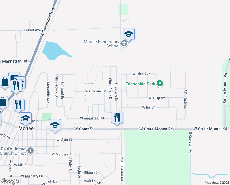 map of restaurants, bars, coffee shops, grocery stores, and more near 4817 West Colonial Drive in Monee