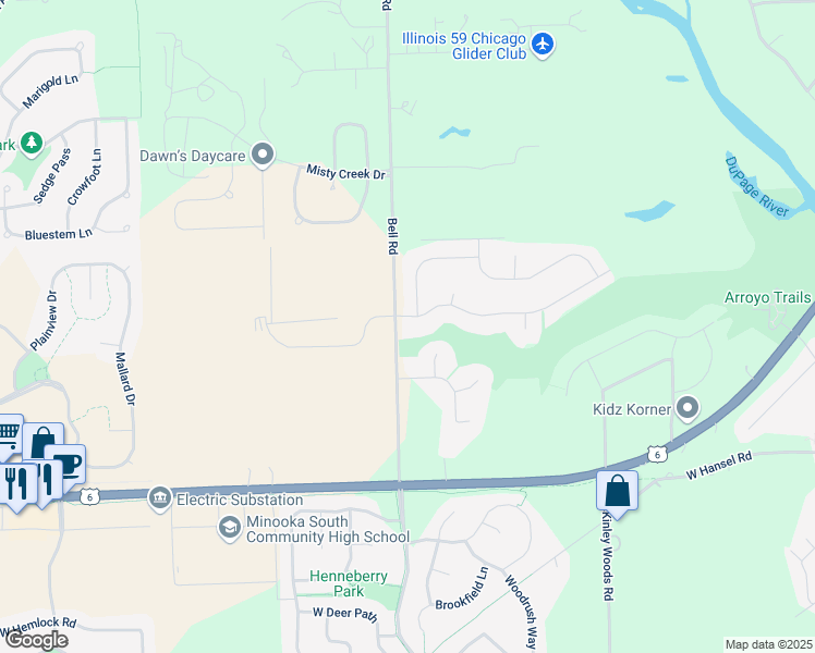 map of restaurants, bars, coffee shops, grocery stores, and more near 26335 West Ravine Woods Drive in Channahon