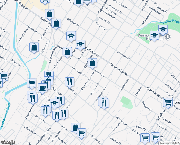 map of restaurants, bars, coffee shops, grocery stores, and more near in Scranton