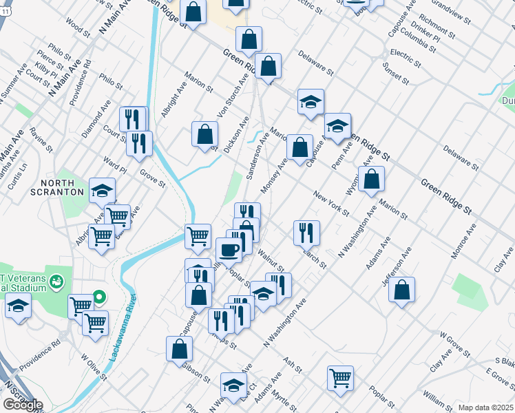 map of restaurants, bars, coffee shops, grocery stores, and more near 1305 Monsey Avenue in Scranton