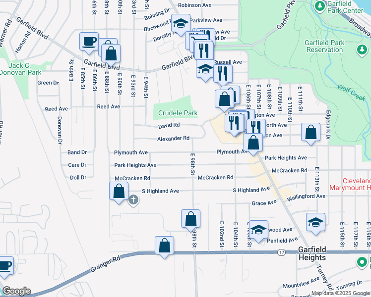 map of restaurants, bars, coffee shops, grocery stores, and more near 9727 Plymouth Avenue in Garfield Heights