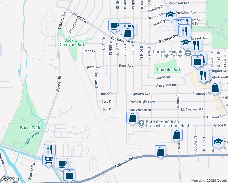 map of restaurants, bars, coffee shops, grocery stores, and more near 4977 East 85th Street in Garfield Heights
