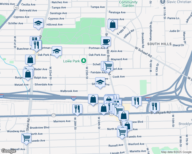 map of restaurants, bars, coffee shops, grocery stores, and more near 2309 Fairdale Avenue in Cleveland