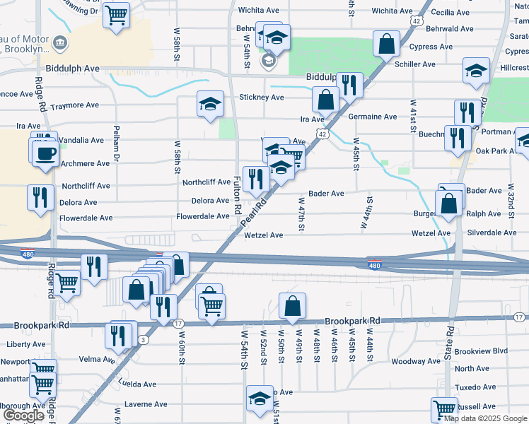 map of restaurants, bars, coffee shops, grocery stores, and more near 4925 Pearl Road in Cleveland
