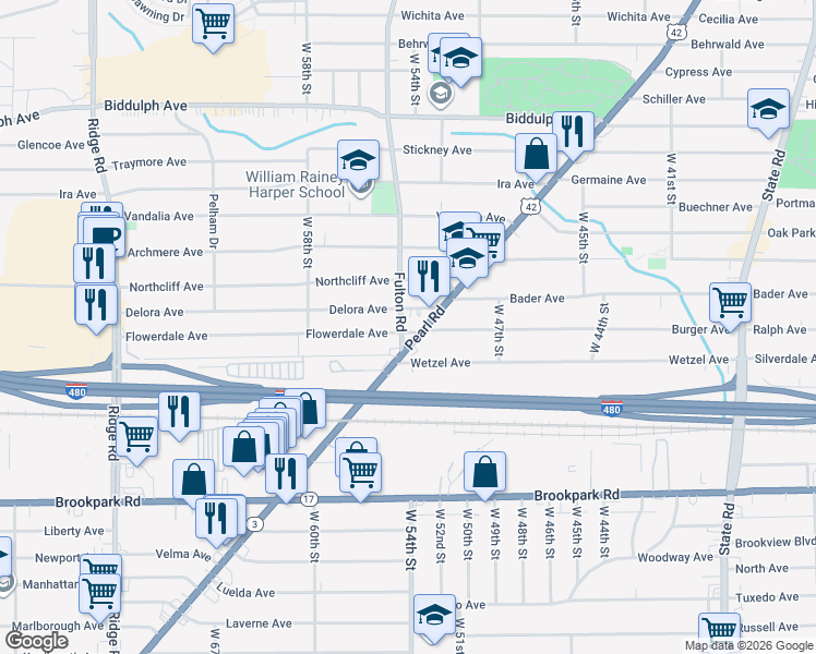 map of restaurants, bars, coffee shops, grocery stores, and more near 5418 Flowerdale Avenue in Cleveland