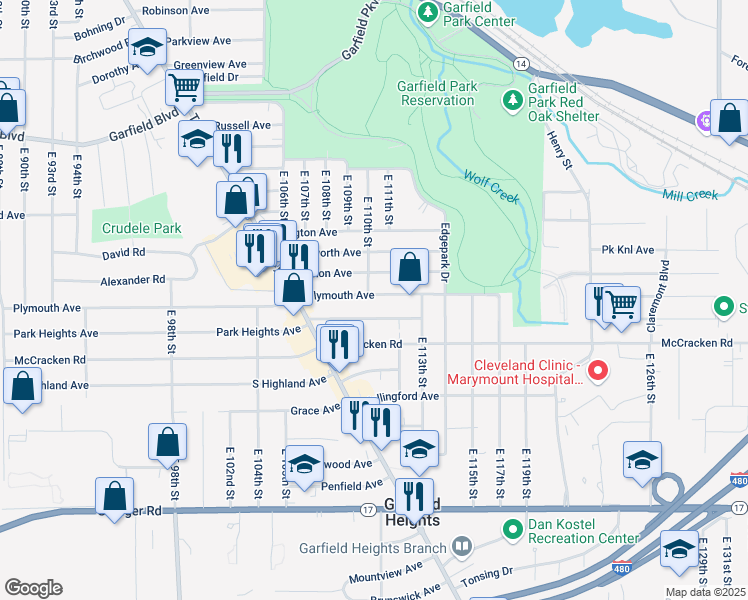 map of restaurants, bars, coffee shops, grocery stores, and more near 11008 Plymouth Avenue in Garfield Heights