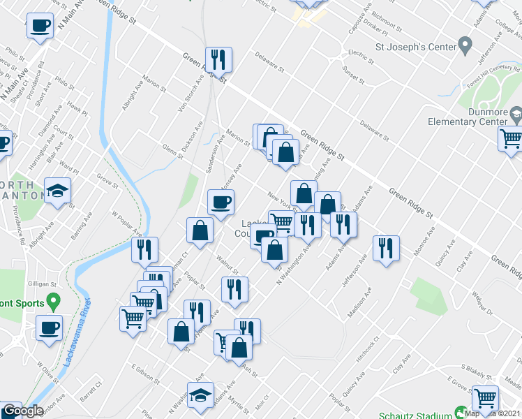 map of restaurants, bars, coffee shops, grocery stores, and more near 1355 Penn Avenue in Scranton
