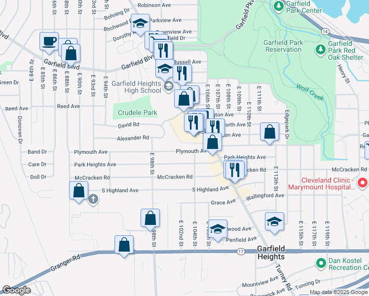map of restaurants, bars, coffee shops, grocery stores, and more near 10209 Plymouth Avenue in Garfield Heights
