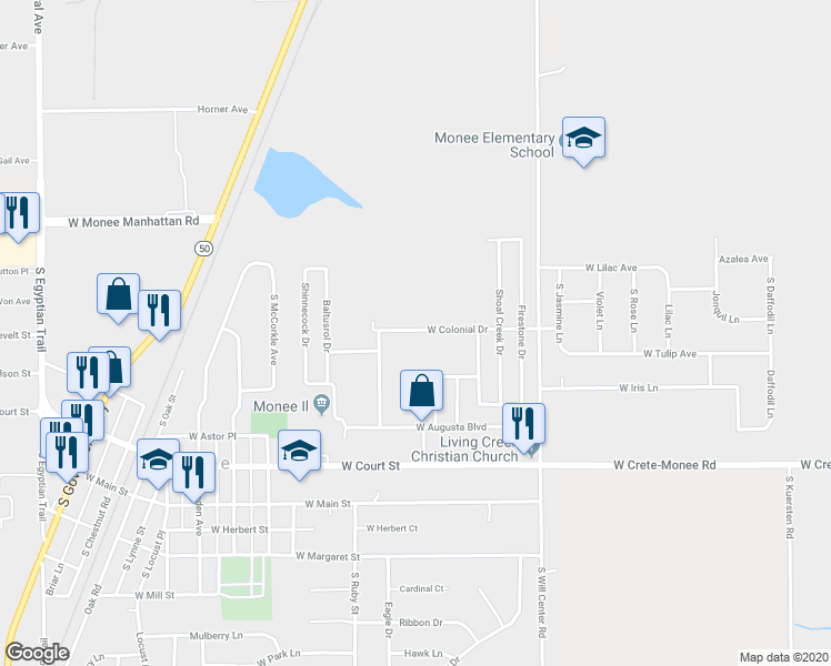 map of restaurants, bars, coffee shops, grocery stores, and more near 25807 Firestone Drive in Monee