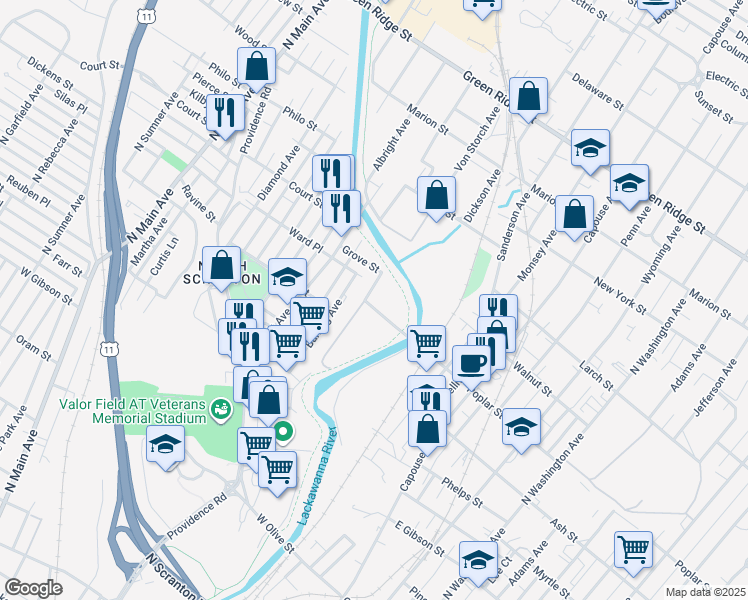 map of restaurants, bars, coffee shops, grocery stores, and more near 101 West Poplar Avenue in Scranton