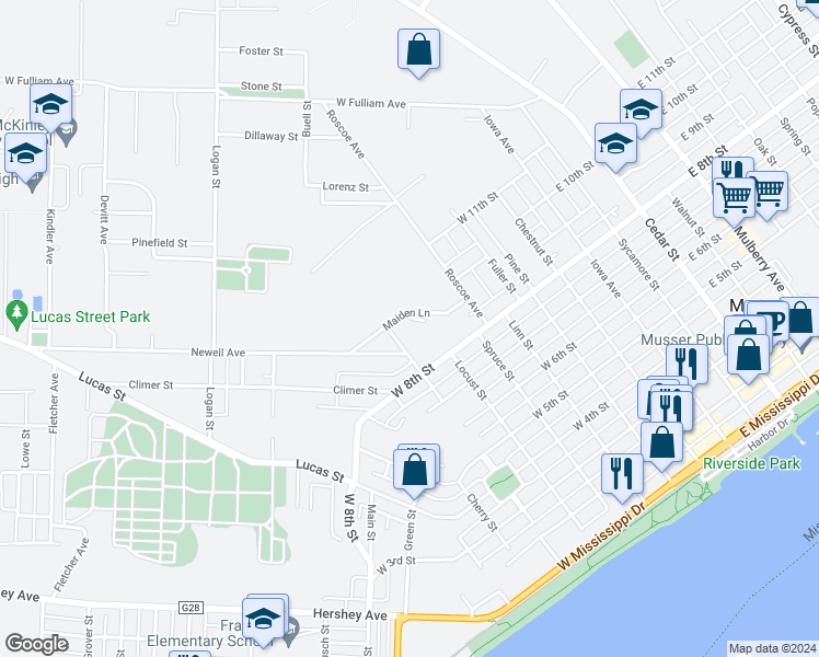 map of restaurants, bars, coffee shops, grocery stores, and more near 610 Maiden Lane in Muscatine