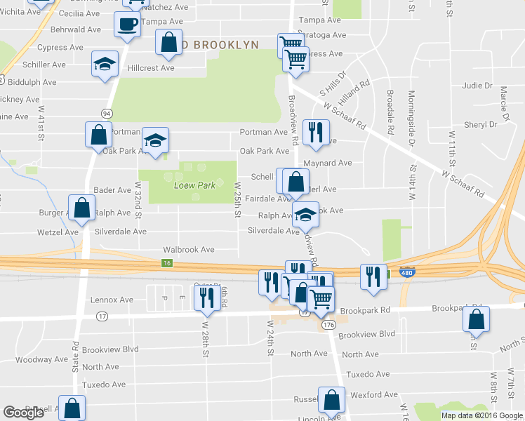 map of restaurants, bars, coffee shops, grocery stores, and more near 2309 Fairdale Avenue in Cleveland