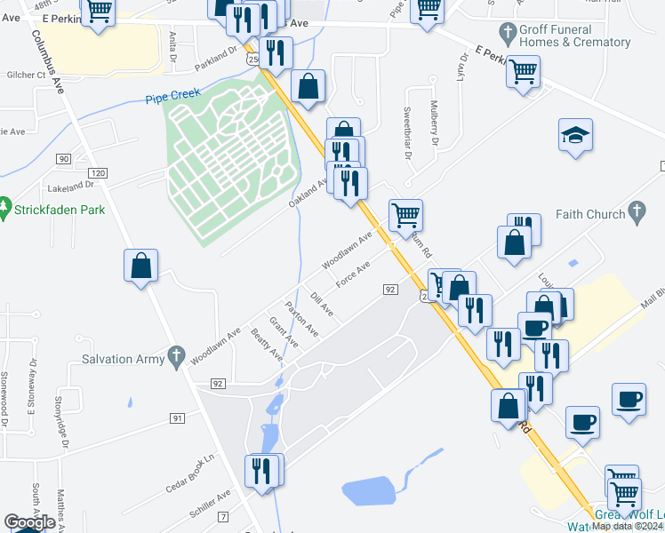 map of restaurants, bars, coffee shops, grocery stores, and more near 3504 Ohio Avenue in Sandusky
