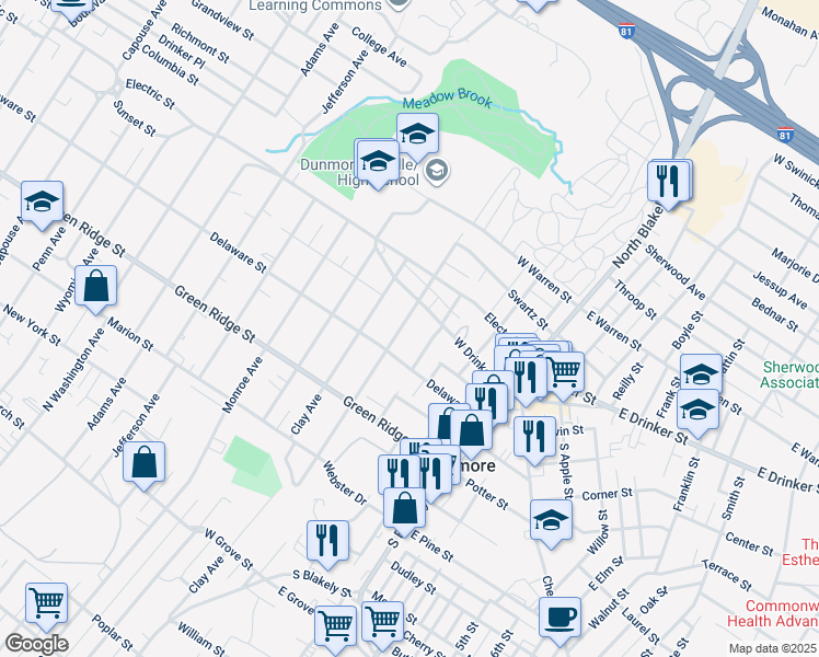 map of restaurants, bars, coffee shops, grocery stores, and more near 1720 North Webster Avenue in Dunmore
