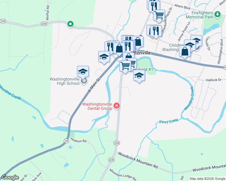 map of restaurants, bars, coffee shops, grocery stores, and more near 20 South Street in Washingtonville