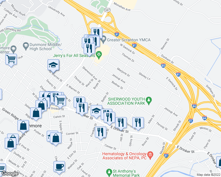 map of restaurants, bars, coffee shops, grocery stores, and more near 398 Battin Street in Dunmore