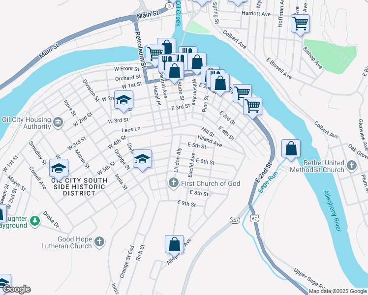 map of restaurants, bars, coffee shops, grocery stores, and more near 21 1/2 East 5th Street in Oil City