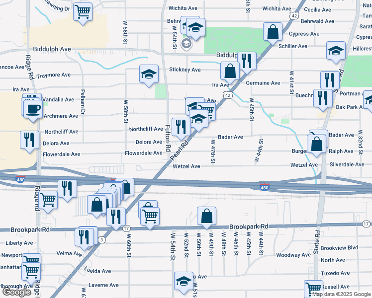map of restaurants, bars, coffee shops, grocery stores, and more near 4925 Pearl Road in Cleveland