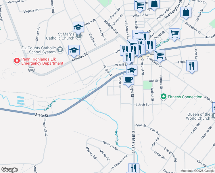 map of restaurants, bars, coffee shops, grocery stores, and more near 399 W Race St in St Marys