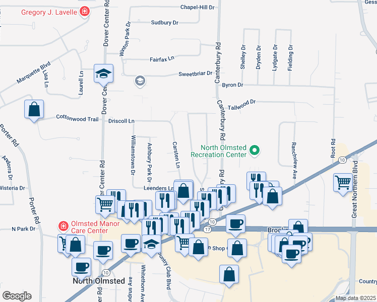 map of restaurants, bars, coffee shops, grocery stores, and more near 4611 Carsten Lane in North Olmsted